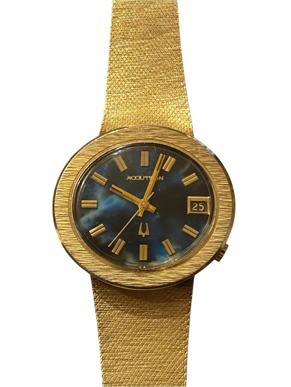 Estate Bulova Accutron 14k Gold Watch with Blue Lapis Dial and gold numeral mark